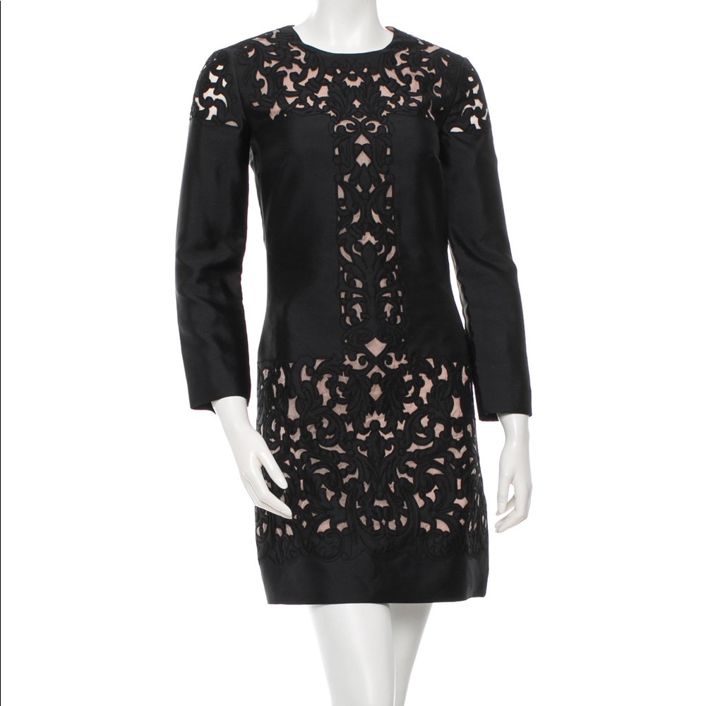 Temperley London Black Lace Appliqué Long Sleeve Shift Dress